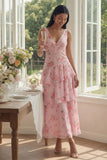 Pink V-Neck A line Floral Ruffle Wedding Guest Dress