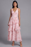 Pink V-Neck A line Floral Ruffle Wedding Guest Dress