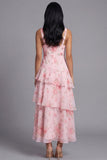 Pink V-Neck A line Floral Ruffle Wedding Guest Dress