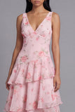 Pink V-Neck A line Floral Ruffle Wedding Guest Dress