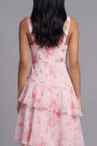 Pink V-Neck A line Floral Ruffle Wedding Guest Dress
