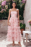 Floral Tiered Ruffle Pink Strapless A line Midi Wedding Guest Dress