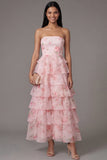 Floral Tiered Ruffle Pink Strapless A line Midi Wedding Guest Dress