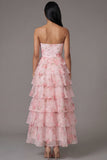 Floral Tiered Ruffle Pink Strapless A line Midi Wedding Guest Dress