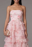 Floral Tiered Ruffle Pink Strapless A line Midi Wedding Guest Dress