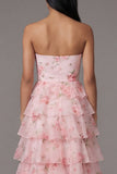 Floral Tiered Ruffle Pink Strapless A line Midi Wedding Guest Dress
