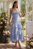 Blue Strapless A Line Ruffle Floral Wedding Guest Dress