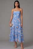 Blue Strapless A Line Ruffle Floral Wedding Guest Dress