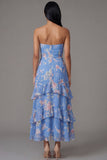 Blue Strapless A Line Ruffle Floral Wedding Guest Dress