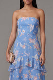 Blue Strapless A Line Ruffle Floral Wedding Guest Dress