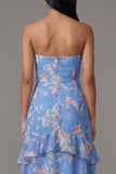 Blue Strapless A Line Ruffle Floral Wedding Guest Dress
