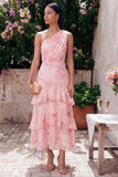 One Shoulder Pink Floral A Line Ruffle Midi Wedding Guest Dress