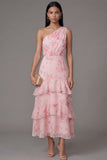 One Shoulder Pink Floral A Line Ruffle Midi Wedding Guest Dress