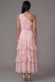 One Shoulder Pink Floral A Line Ruffle Midi Wedding Guest Dress
