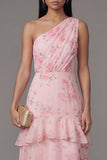 One Shoulder Pink Floral A Line Ruffle Midi Wedding Guest Dress