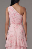 One Shoulder Pink Floral A Line Ruffle Midi Wedding Guest Dress