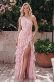 Pink Ruffle One Shoulder Floral A Line Wedding Guest Dress with Slit