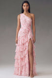 Pink Ruffle One Shoulder Floral A Line Wedding Guest Dress with Slit