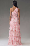 Pink Ruffle One Shoulder Floral A Line Wedding Guest Dress with Slit