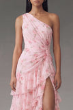 Pink Ruffle One Shoulder Floral A Line Wedding Guest Dress with Slit
