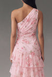 Pink Ruffle One Shoulder Floral A Line Wedding Guest Dress with Slit