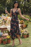 Black Floral V-Neck A Line Midi Wedding Guest Dress