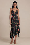 Black Floral V-Neck A Line Midi Wedding Guest Dress