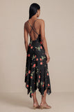 Black Floral V-Neck A Line Midi Wedding Guest Dress