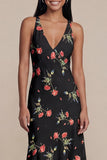 Black Floral V-Neck A Line Midi Wedding Guest Dress