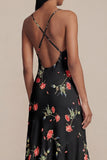 Black Floral V-Neck A Line Midi Wedding Guest Dress