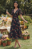 Floral Black A Line V-Neck Wedding Guest Dress with Sleeves