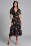 Floral Black A Line V-Neck Wedding Guest Dress with Sleeves