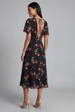 Floral Black A Line V-Neck Wedding Guest Dress with Sleeves