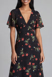 Floral Black A Line V-Neck Wedding Guest Dress with Sleeves