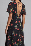 Floral Black A Line V-Neck Wedding Guest Dress with Sleeves