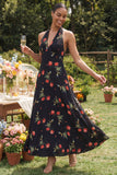 Black Halter Floral A Line Backless Wedding Guest Dress