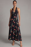 Black Halter Floral A Line Backless Wedding Guest Dress