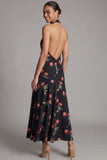 Black Halter Floral A Line Backless Wedding Guest Dress