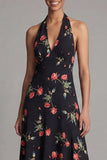 Black Halter Floral A Line Backless Wedding Guest Dress