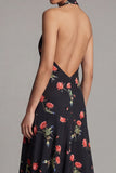 Black Halter Floral A Line Backless Wedding Guest Dress