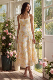 Yellow Halter A Line Floral Midi Wedding Guest Dress