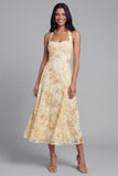 Yellow Halter A Line Floral Midi Wedding Guest Dress