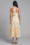 Yellow Halter A Line Floral Midi Wedding Guest Dress
