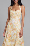 Yellow Halter A Line Floral Midi Wedding Guest Dress