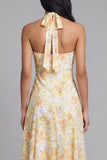 Yellow Halter A Line Floral Midi Wedding Guest Dress