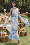White Blue Flower V Neck Sheath Midi Wedding Guest Dress with Sash