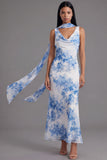 White Blue Flower V Neck Sheath Midi Wedding Guest Dress with Sash