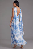 White Blue Flower V Neck Sheath Midi Wedding Guest Dress with Sash
