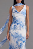 White Blue Flower V Neck Sheath Midi Wedding Guest Dress with Sash