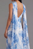 White Blue Flower V Neck Sheath Midi Wedding Guest Dress with Sash